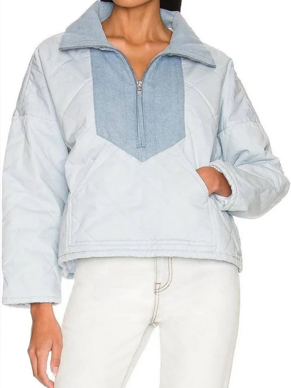 Something Navy Quilted Quarter Zip Collar Long Sleeve Jacket Denim Blue